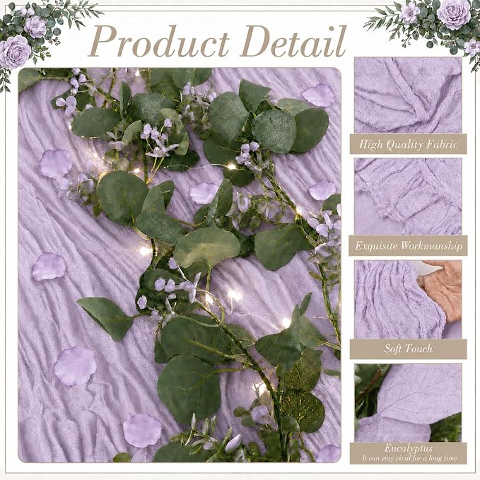 Cinrobiye 11PCS Boho Cheesecloth Table Runner Set with Rose Petals, 120 Inch Gauze Table Runner, Wrinkled Napkins, Eucalyptus Garland and String Lights for Wedding Baby Shower Tea Party Decorations
