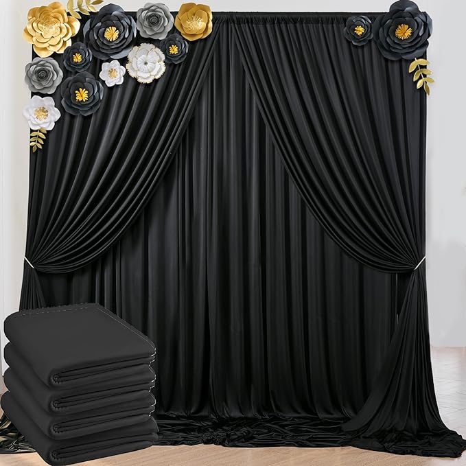 20ft x 8ft Wrinkle Free Black Backdrop Curtains for Parties, 4 Panels Thick Polyester Black Photo Backdrop Drapes for Weddings Birthday Photography Background Curtains