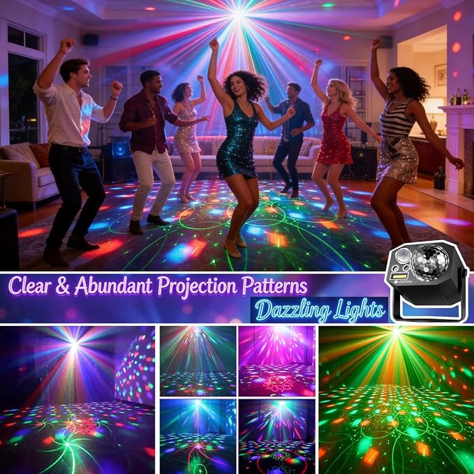 Dj Party Disco Ball Lights with Pattern and Sound Activated,10 ft USB Cable, Laucnpty LED Stage Strobe Light that Sync with Music, Christmas Rave/Home Karaoke/Dance/Club Bar Lights for Parties