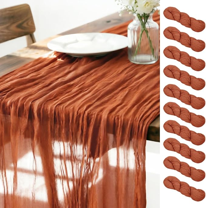 LINXTAR Terracotta Cheesecloth Table Runner 10 Pack 120 Inches 10Ft Gauze Summer Boho Table Runner for Wedding Tea Party Baby Shower Bridal Birthday Home Decoration