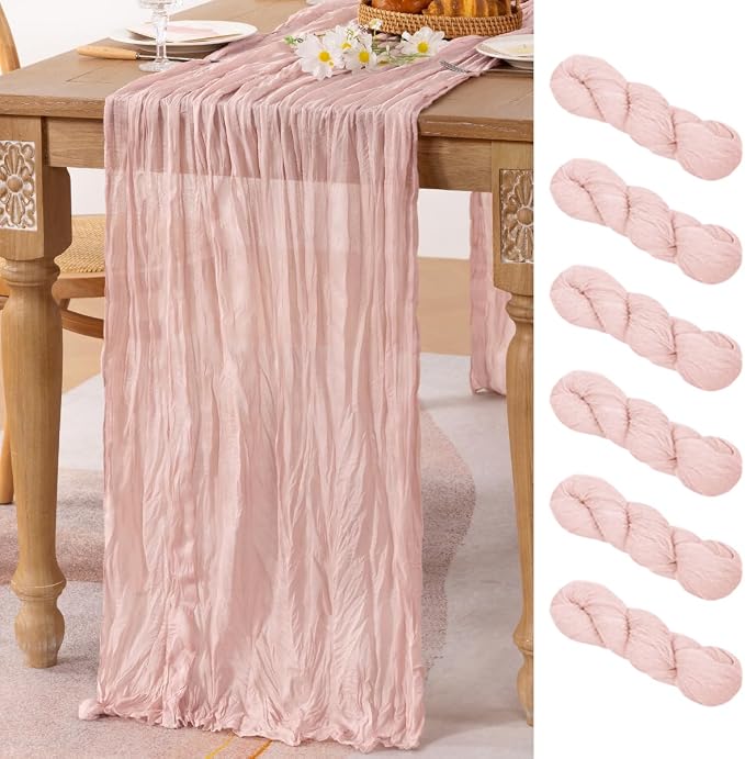 MLMC 6 Pack Pink Table Runner Dusty Pink Cheesecloth Table Runner 10ft Rustic Gauze Cheese Cloth Centerpiece Decor 65x120 Inches for Wedding Bridal Baby Shower Birthday Party Decor
