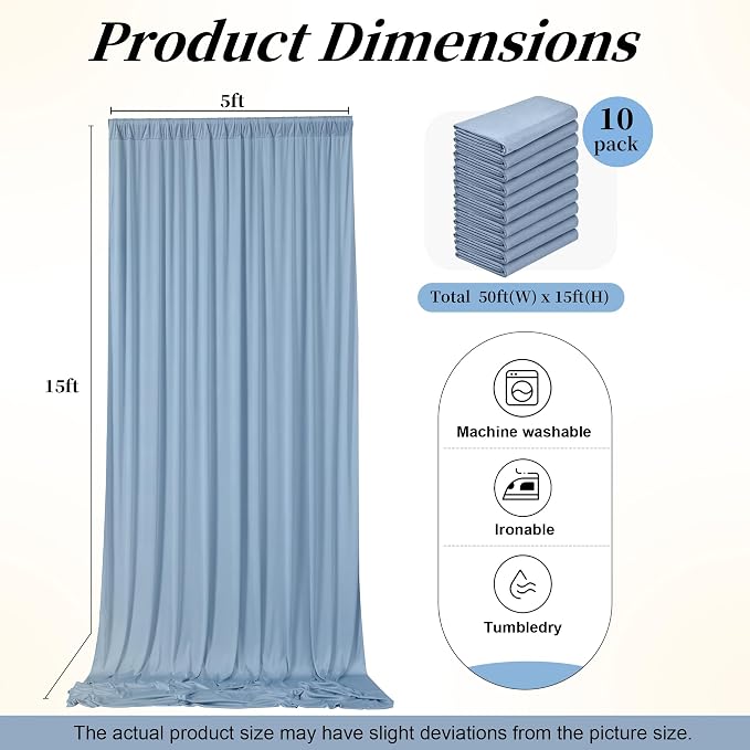 50ft x 15ft Dusty Blue Backdrop Curtains for Wedding Parties, 10 Panels Extra Long Wrinkle Free Fabric Drapes Photo Backdrop for Baby Shower Birthday Stage Reception Lobby Decoration