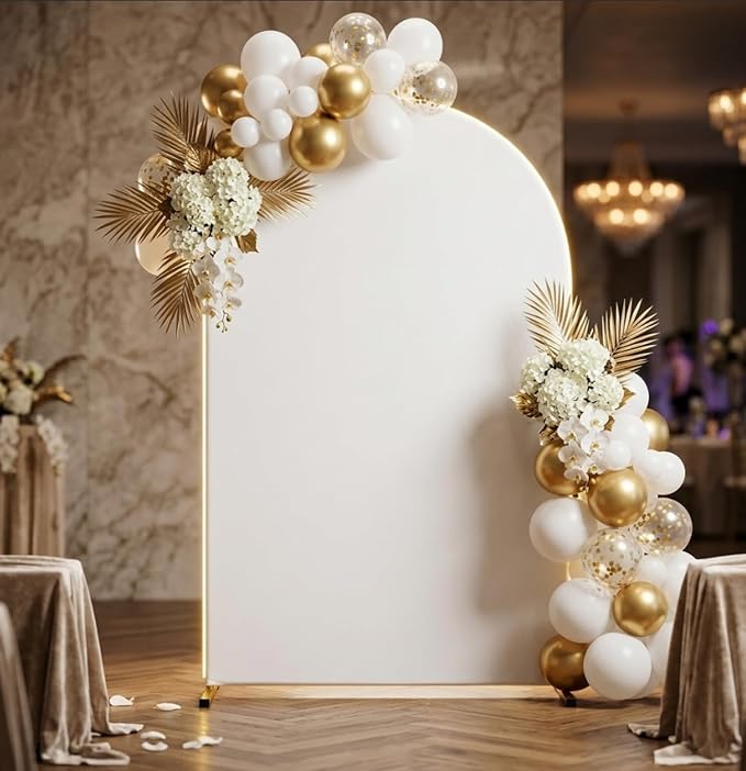 Metal Arch Backdrop Stand and Cover Set, 6FT White Reusable Spandex Fitted Backdrop Cover and Gold Wedding Arch Frame for Baby Shower, Birthday, Parties Decoration.