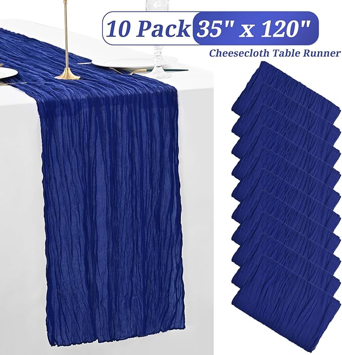 10 Pack Royal Blue Cheesecloth Table Runner Gauze Table Runner 10FT Long Semi-Sheer Table Runner Boho or Rustic Wedding Table Decor for Wedding Decor Arch Draping Bridal Shower Holiday Party