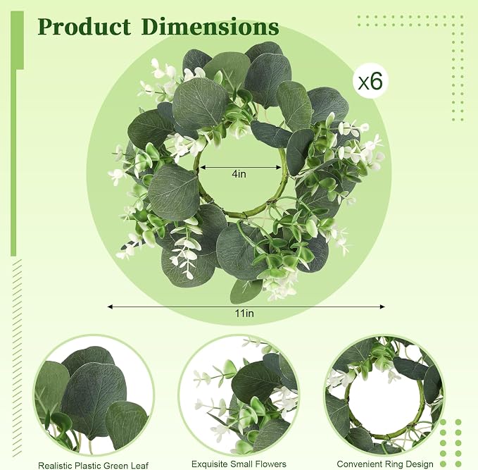 6 Pack Artificial Eucalyptus Candle Rings Wreaths with Burlap Bow, 4.3 Inch Mini Wreaths for Pillar Candles, Window & Chair Decor, Greenery Candle Rings for Wedding Centerpieces, Home Decor
