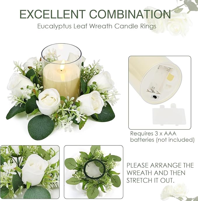 White Rose Candle Rings with Flameless Candles Sets - 24PCS Artificial Flower Eucalyptus Wedding Centerpiece 3 Inch Pillar Candleholders Wreaths for Wedding Party Decor (White - 12 Sets)