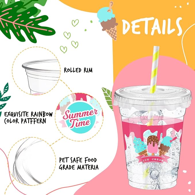 FoldTier 50 Pcs Ice Cream Birthday Party Plastic Cup 12 oz Cold Drinks Cups Boy or Girl Thick Clear Cup Birthday Party Supplies Disposable Cups with Lids for Iced Coffee, Smoothie, Milkshake