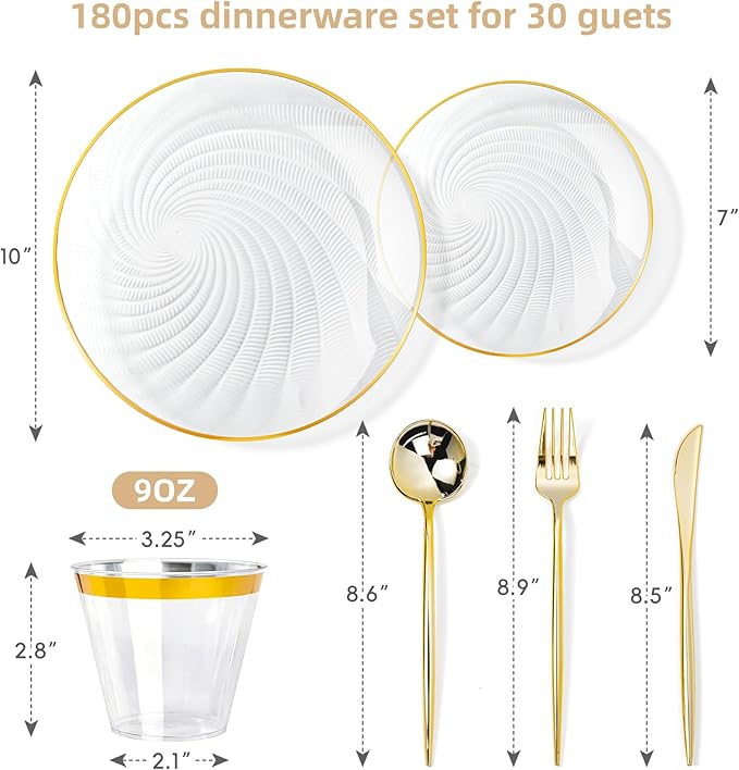 N9R 180 PCS Disposable Dinnerware Set with Gold Rim Clear Plastic Plates for 30 Guests, Include 30 Dinner Plates, 30 Dessert Plates, 30 Cups, 90 Heavy Duty Gold Plastic Silverware for Party & Wedding
