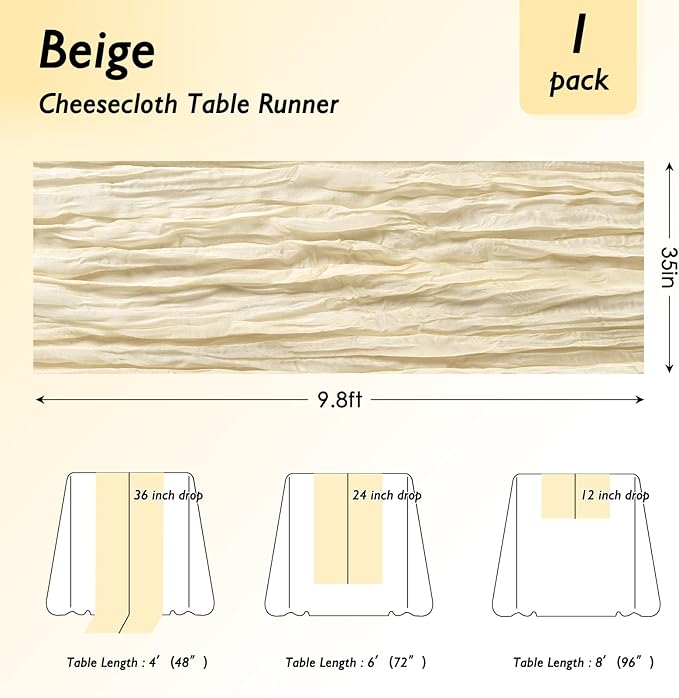 8 Pack Ivory Cream Cheesecloth Table Runner 120 Inch 10FT Beige Gauze Cheese Cloth for Wedding Decoration, Banquet, Boho Decor