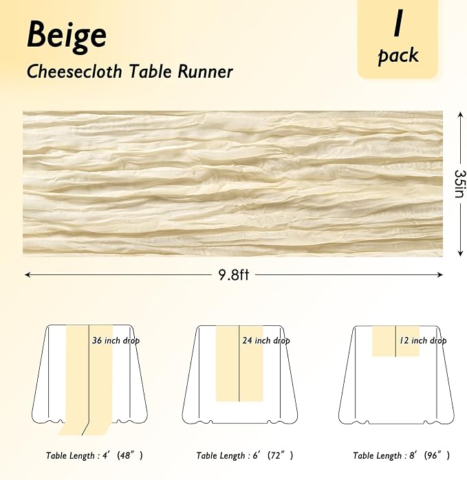 3 Pack Ivory Cream Cheesecloth Table Runner 120 Inch 10FT Cheese Cloth Fabric Runners for Wedding Decoration, Banquet, Boho Decor