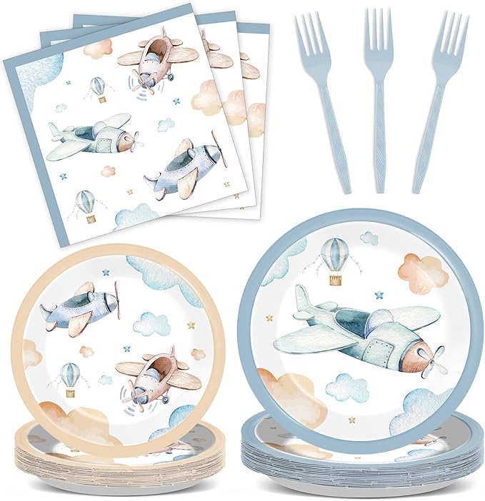 96Pcs Airplane Birthday Party Decorations Airplane Baby Shower Tableware Vintage Plane Plates Napkins Forks Disposable Aviation Theme Party Supplies for Baby Shower Kids Boys Girls Birthday Supplies