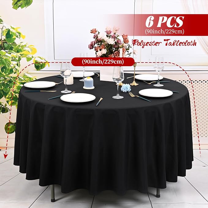 6 Pack Black Round Tablecloth 90 Inch, Black Tablecloths Waterproof Polyester Table Cloth for Round Tables, Stain and Wrinkle Resistant Washable Fabric Table Cover for Party Dining Wedding Banquet
