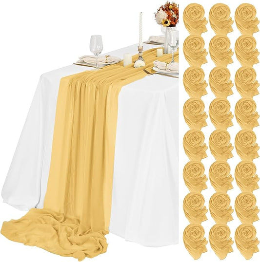 24 Packs Gold Cheesecloth Table Runner,10ft Gold Yellow Rustic Gauze Boho Wedding Table Runner Decoration, Wedding Table Decor Sheer Table Runner for Wedding Party Bridal Shower Table
