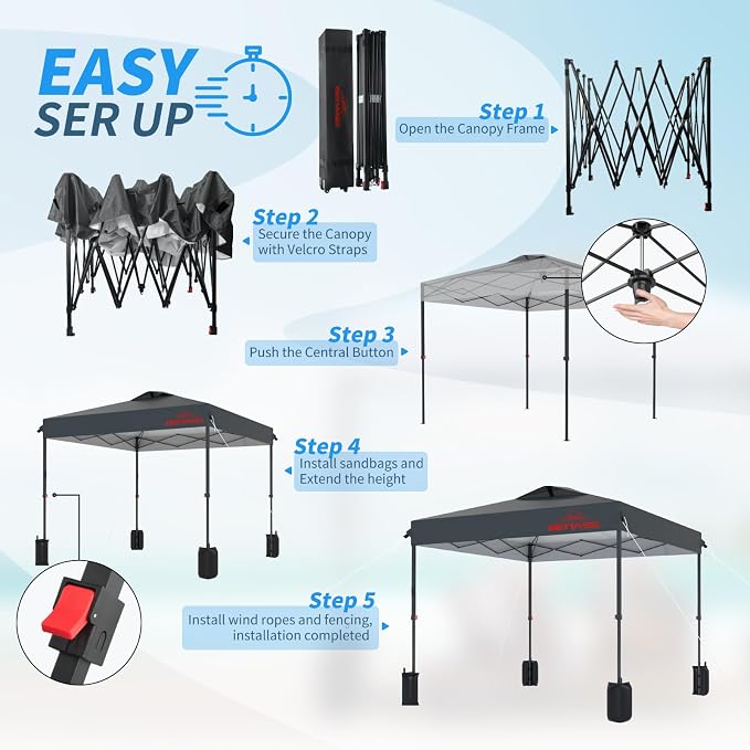 8x8 Pop Up Canopy, Easy Up Canopy Tent, Heavy Duty Tents for Parties, One Person Easy Set Up Event Tent, Grey
