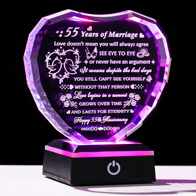 Arikyrist 55th Wedding Anniversary Crystal Heart Gifts for Couple, Laser Engraved 55 Year Anniversary Crystal Gifts for Wife Husband Parents, Romantic 55 Years of Marriage Gift for Him Her Friends