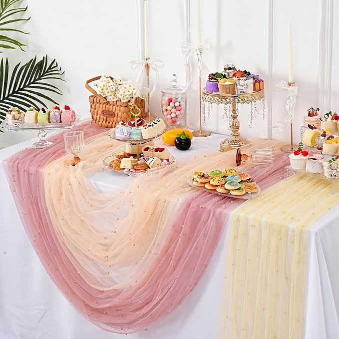 Pearl Gauze Table Runner Tulle Fabric: 10ft Seasonal Dessert Chiffon Pearl Lace Boho Overlay Wedding Veil Outdoor Wedding Aisle Runner Party Decorations Doilies, Light Yellow