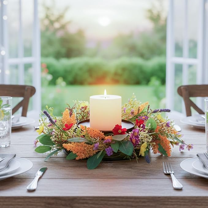 MOYEE Summer Centerpieces for Tables Candle Ring, Black Metal Candlestick with an Artificial Wreaths 14 in Versatile Dining Table Centerpiece Decor (Golden Wheat Ear Wreath)