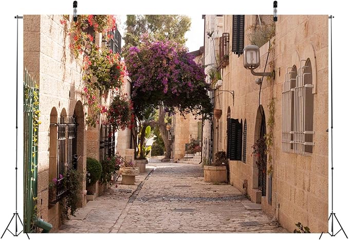BELECO 10x8ft Fabric Jerusalem Town Street Backdrop Cobbled Street Ancient Village Old Stone Wall Houses Spring Flowers Historic City Israel Background for Party Decorations Photo Booth Studio Props
