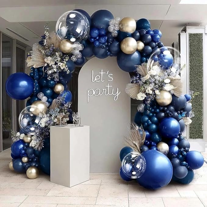 Royal Blue Gold Balloon Arch Double Stuffed Latex Bobo Pearl Gold Balloon Garland Navy Ruby Blue Balloons for Birthday Baby Shower New Year Wedding Prom Business Opening Party Decor