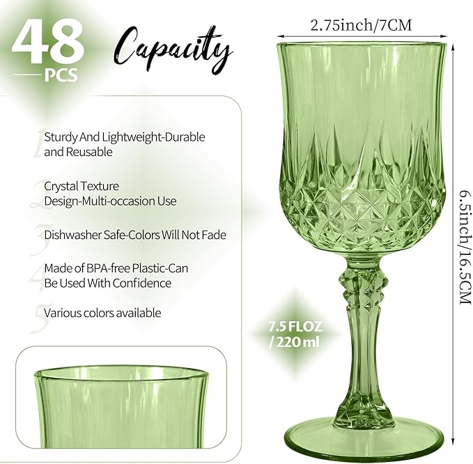48Pack Sage Green Plastic Wine Glasses,Vintage Plastic Goblets for Parties, Sage Green Drinking Glasses Crystal Water Goblets Reusable for Wedding Reception, Grand Event Party Supplies