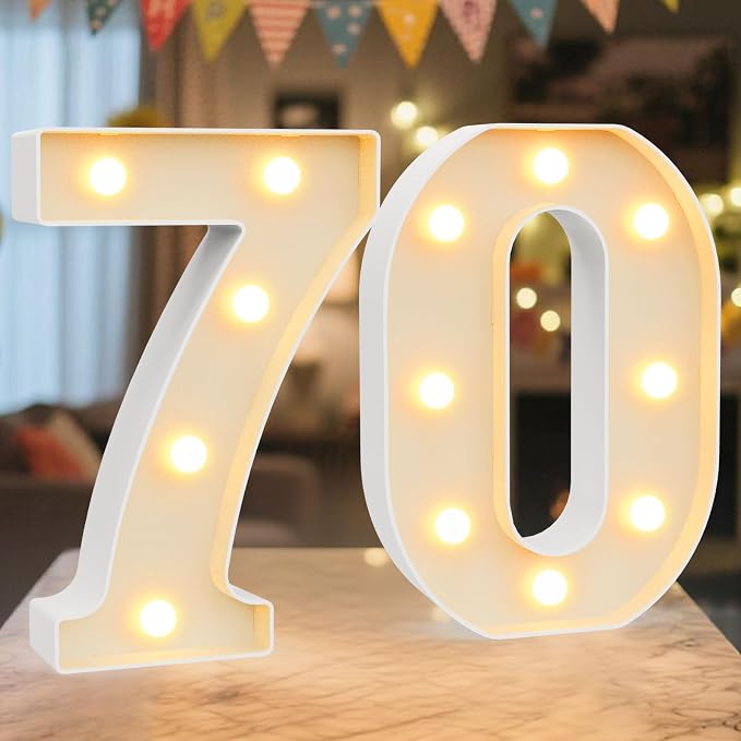 LED Marquee Light Up Numbers Sign - Lighted Birthday Numbers Sign for 70th Birthday Party Decoration, Bar Wall, Home, Table Room, Wedding and Christmas Decorations, Number 70