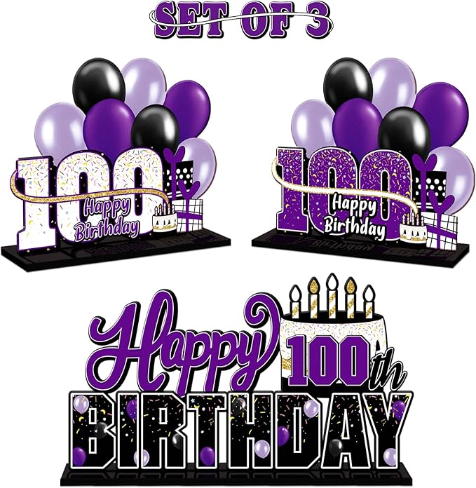 LINGTEER Happy 100th Birthday Purple Acrylic Table Topper Centerpieces Set - Cheers to 100 Years Old Birthday 100th Bday Party Gift Decorations.