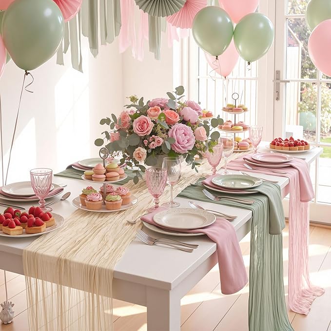 6 Pcs Sage Green and Pink Cheesecloth Table Runner Boho Gauze Cheese Cloth Runner 118" Rustic Table Decor for Engagement Wedding Bridal Baby Shower Birthday Party Home Arbor Decorations