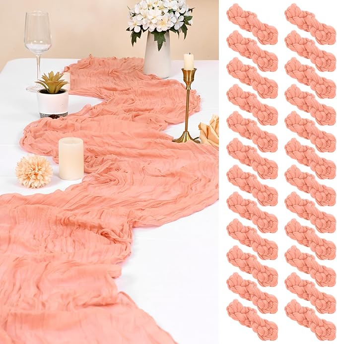 24 Pack Coral Cheesecloth Table Runner 10FT Cheese Cloths for Wedding Decor, 20x120inch Rustic Boho Gauze Table Runners for Wedding Party Bridal Shower Table Decoration