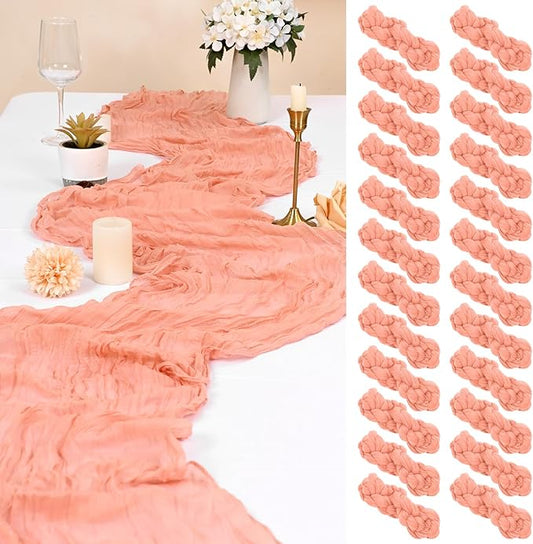 24 Pack Coral Cheesecloth Table Runner 10FT Cheese Cloths for Wedding Decor, 20x120inch Rustic Boho Gauze Table Runners for Wedding Party Bridal Shower Table Decoration