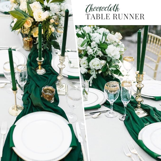 6 Pack Christmas Table Runner 10FT Dark Green Cheesecloth Table Runner Long Semi-Sheer Gauze Fabric Boho or Rustic Wedding Table Decor for Wedding Arch Draping Bridal Shower Baby Shower Holiday Party