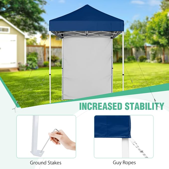 5x5 Pop Up Canopy Tent with One Sidewall, Instant Portable Beach Canopy, Outdoor Tent with Carry Bag for Camping, Sports, Tailgating, Events, Dark Blue