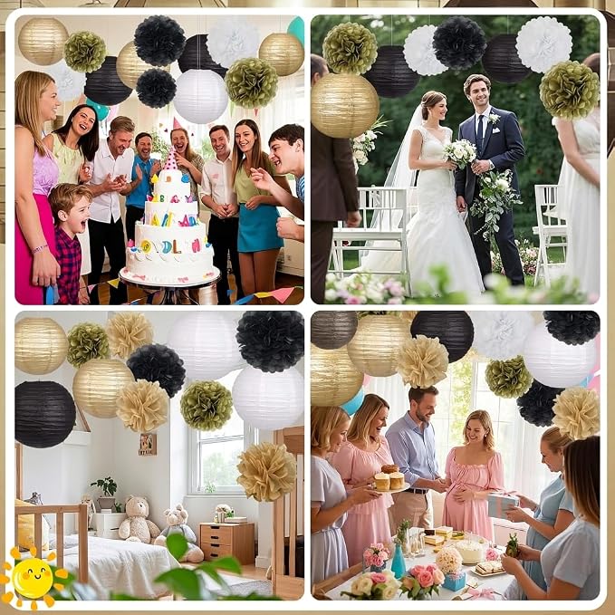 18pcs Black Gold Paper Lanterns Decoration Hanging Paper Décor Pom Poms Paper Flower Party Supply for Graduation Masquerade New Years Birthday Party Decor