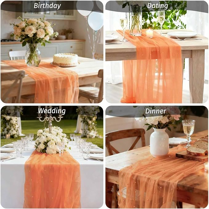 WELTRXE Pearl Table Runner Tulle 10ft, Boho Rustic Lace Table Runner 30x120 Inch for Wedding Decor Birthday Party Dining Table Cover, Orange