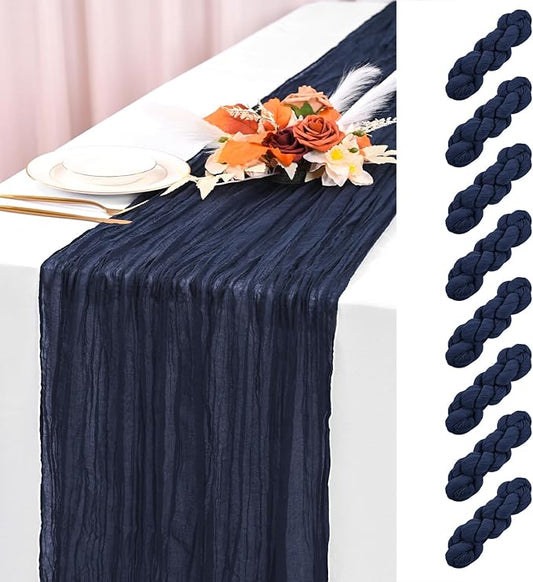 8 Pack Navy Blue Cheesecloth Table Runner 120 Inch 10FT Spring Boho Rustic Sheer Gauze Cheese Cloth Table Runner for Wedding Baby Shower Birthday Party Table Decor