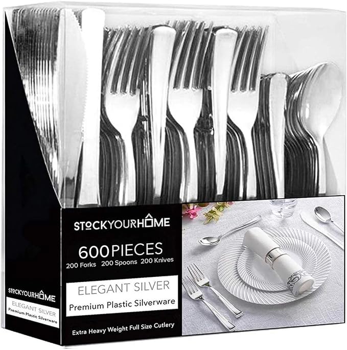Silver Plastic Silverware Set (600-Pack) – Disposable Heavy Duty Cutlery, 200 Forks, 200 Knives, 200 Spoons for Parties, Weddings, Dinners & Holidays, Stock Your Home
