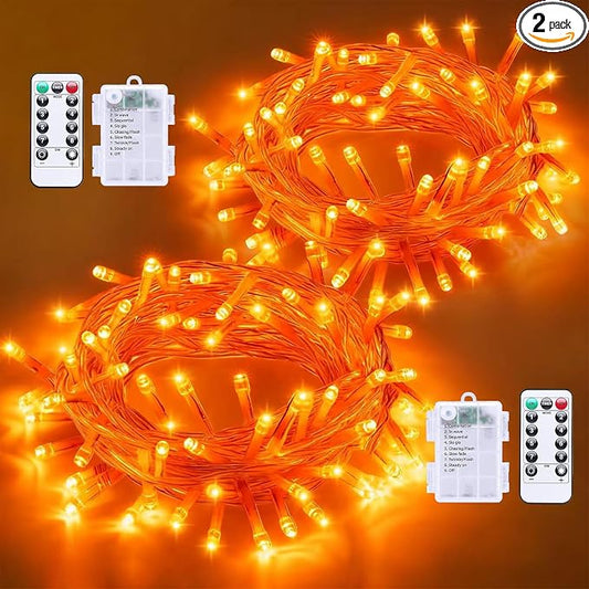 QITONG 2 Pack Orange Battery Operated Halloween Lights, Each 33ft 100 LED String Lights Outdoor Waterproof with Remote, Clear Wire Christmas Twinkle Lights with 8 Modes Indoor