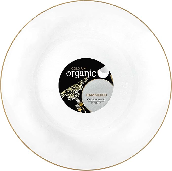 PLASTICPRO 30 Pack Hammered Plastic Plates Heavyweight Disposable Plastic Plates Elegant Transparent White With Gold Rim Platsic Party Dishes (Transparent White With Gold Rim, 9'' INCH PLATES)