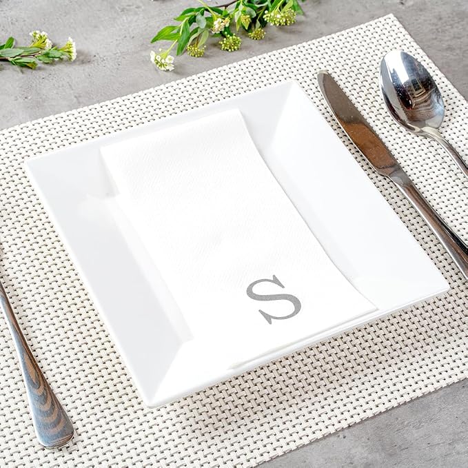 Luxenap 15.8 X 7.9 Inch Linen-Feel Guest Towels, 2000 Lettered Hand Towels - Silver Letter 'S', Sans Serif Font, White Paper Dinner Napkins, airlaid, For Restrooms And Tables - Restaurantware