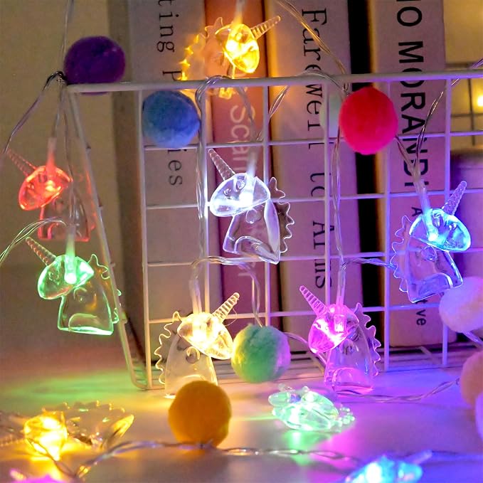 9.85FT Colorful Indoor String Lights with 20 Cute PomPoms 20 Unicorn LED Indoor String Lights Battery Operated with Timer for Home Bedroom Kids Playhouse Birthday Wedding Party Holiday Christmas Decor