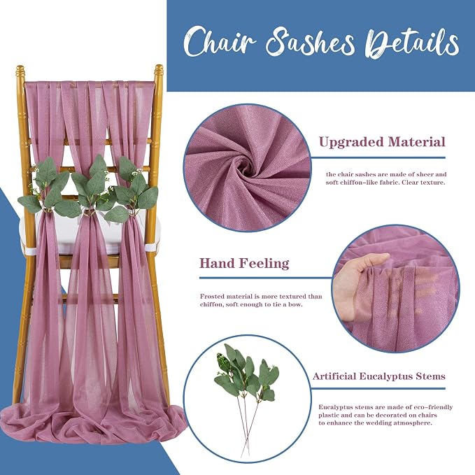 QueenDream Purple Wedding Chair Decorations: 50PCS Tulle Chair Sashes Cover Bands Aisle Sheer Chairs Bows for Birthday Party Banquet