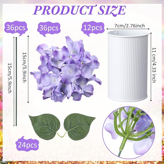 Zeyune Purple 12 Sets Wedding Flower Table Centerpieces Artificial Hydrangeas with Rustic Metal Vase Fake Hydrangea Flowers in Pot Floral Arrangement for Wedding Bridal Tea Party Table Home Decor