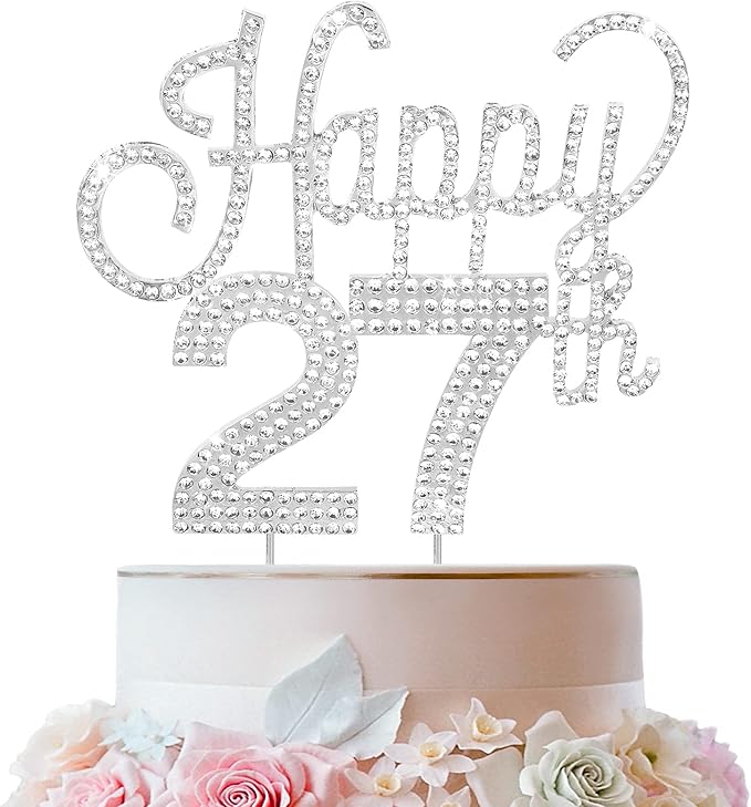 LINGTEER Happy 27th Birthday Silver Rhinestone Cake Topper - Cheers to 27th Birthday 27 Years Old Anniversary Party Cake Centerpieces Topper Decorations Gift Sign.
