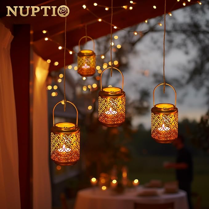 NUPTIO Decorative Candle Lanterns Gold: 2 Pcs Hanging Metal Tea Light Candles Holder 4.1inch Small Vintage Tealight Lantern Centerpiece for Christmas Wedding Party Table Decorations (Style 1)