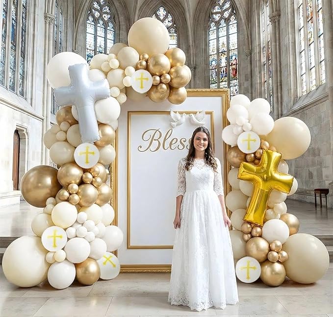 Neutral Baptism Balloon Decoration Kit with 2 Cross Foil Balloons, Double Stuffed Sand White Ivory Gold Balloon Arch Garland for First Holy Communion, Christening, God Bless Party Supplies