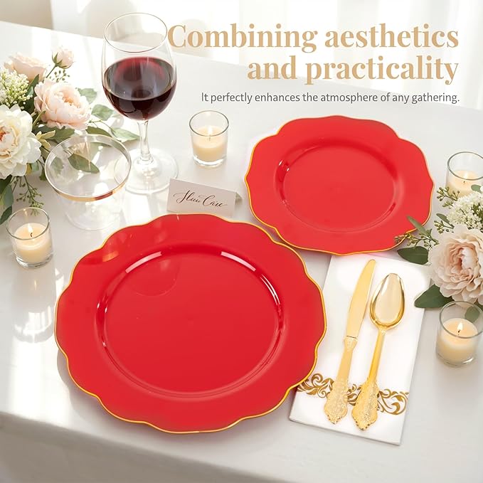 NOCCUR 175PCS Red Plastic Plates with Gold Disposable Silverware - Include 50 Red Gold Plastic Plates,25 Knives,25 Forks,25 Spoons,25 Cups and 25 Napkins - Ideal for Party/Mother's Day