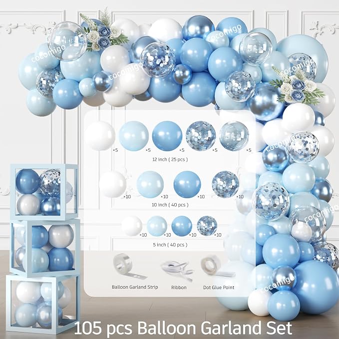 cocomigo 260PCS Baby Boy Baby Shower Decorations All-in-One Set with Baby Boy Balloon Arch, Tableware, Advice Cards, Cake Topper, Balloon Box, Backdrop, Sash, Corsage, Etc. Serves 20