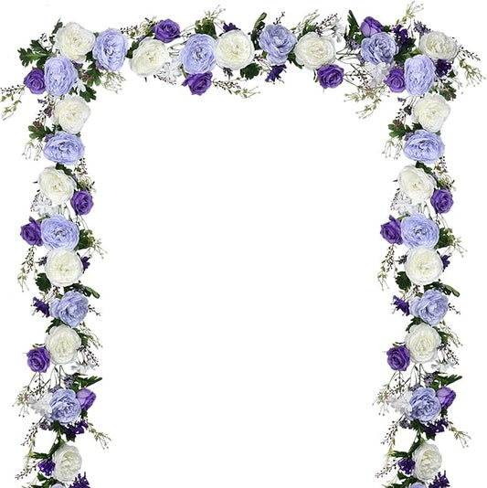 Lvydec Artificial Peony Flower Garland - 6ft Silk Peony Purple Flower Garland Arch Flower Vine for Wedding Party Table Decoration (2, Purple and White)