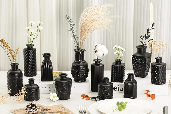 Mini Bud Vases As Wedding Centerpieces for Tables,Clear Bud Vases for Flowers,Small Flower Vases Suitable for Birthday Party,Anniversary,Wedding Reception,Baby Shower (Matt Black, 24PCS)