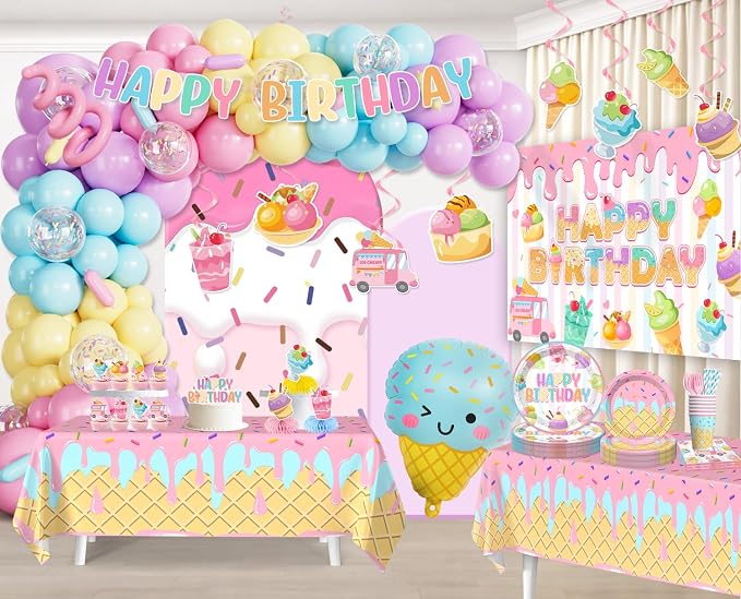 286pcs Ice Cream Birthday Party Decorations for Girl, Worry-free One-stop Set for 25 Guests, with No-DIY Banner Thick Plates and Ice Cream Balloon Arch, Easy Setup for Ice Cream Party