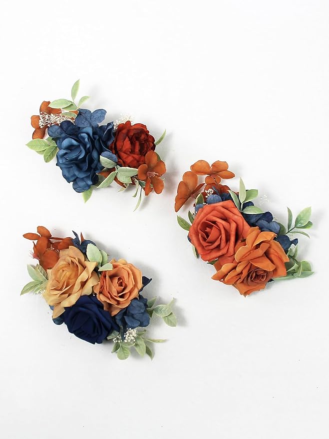 Rinlong 3Pcs Pre-made Artificial Cake Flowers Navy Blue Terracotta Cake Decorations Boho Fall Wedding Cake Decorating Flowers Decor Birthday Baptism Party Burnt Orange Cake Toppers